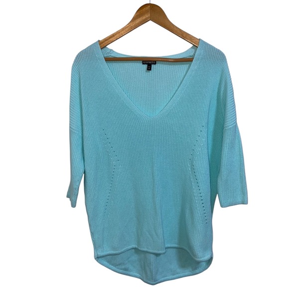 Express V Neck Knit Sweater Light Blue 3/4 Sleeve Cotton Blend Size Small - Picture 1 of 7